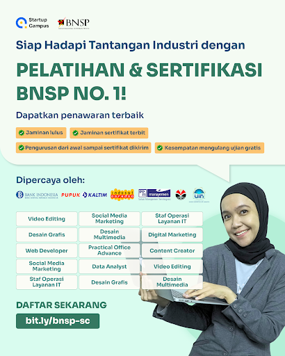 Poster Pelatihan dan Sertifikasi BNSP 2025 di Startup Campus Poster Pelatihan dan Sertifikasi BNSP 2025 di Startup Campus