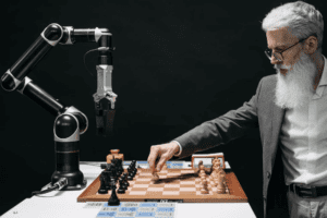 Seorang laki-laki bermain catur dengan robot AI